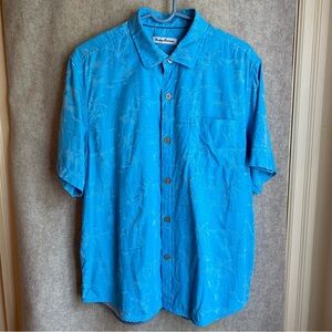 Tommy Bahama Men's Hawaiian Aloha Shirt L Blue Beach Palm Tree 100% Silk 17.5"